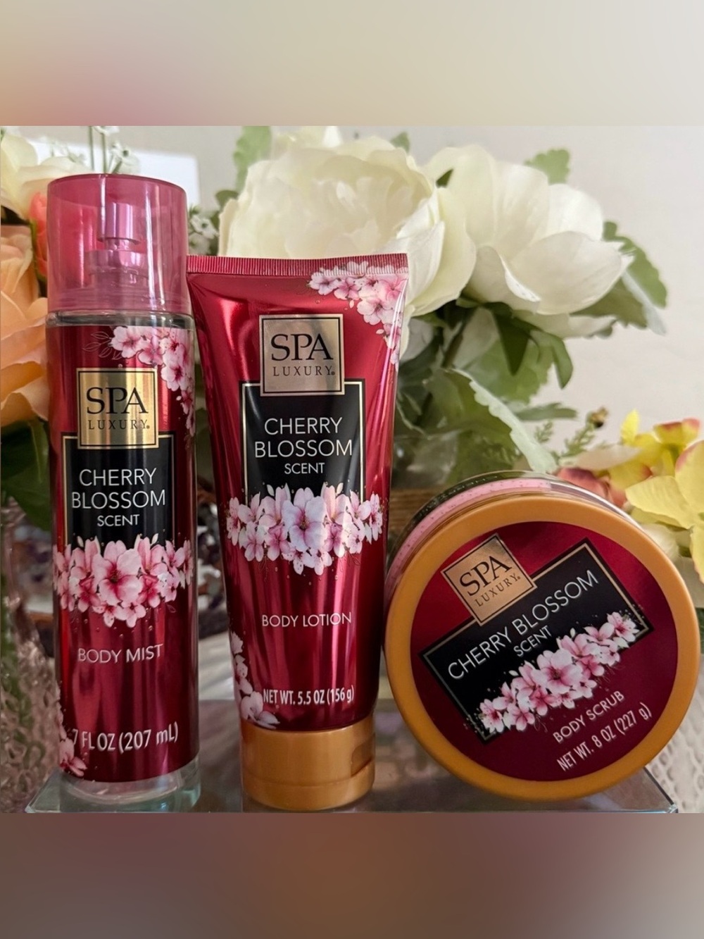 🆕🌸 SPA LUXURY “CHERRY BLOSSOM” 3-PIECE BODY CARE COLLECTION. BRAND NEW FULL SIZE